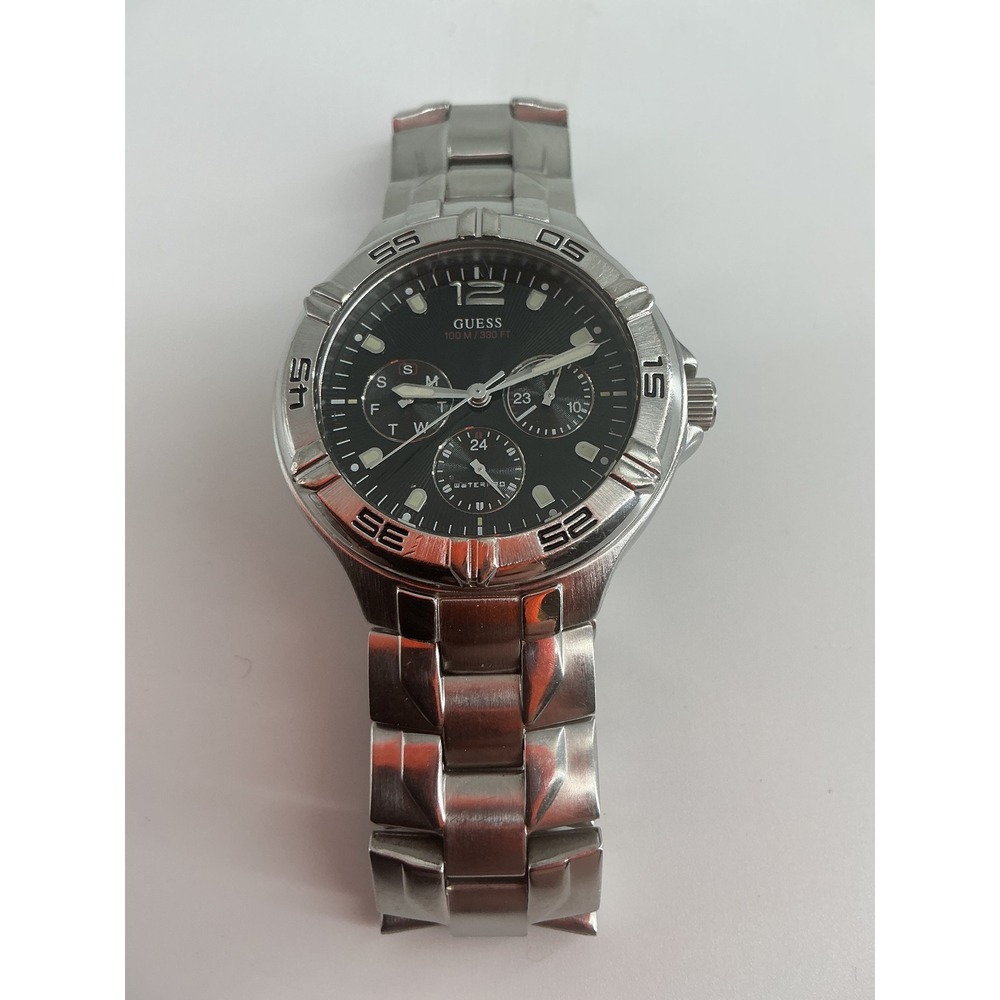 Guess Waterpro Mens Watch Black Dial Silver Stainless Steel 100M Water Resistant